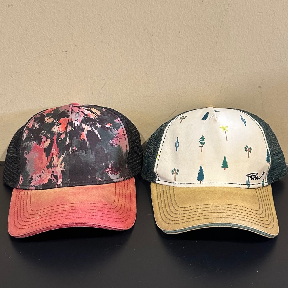 Prana Mens Trucker Hat Bundle Abstract Pink & Desert Forest Snapback Caps 2pc
